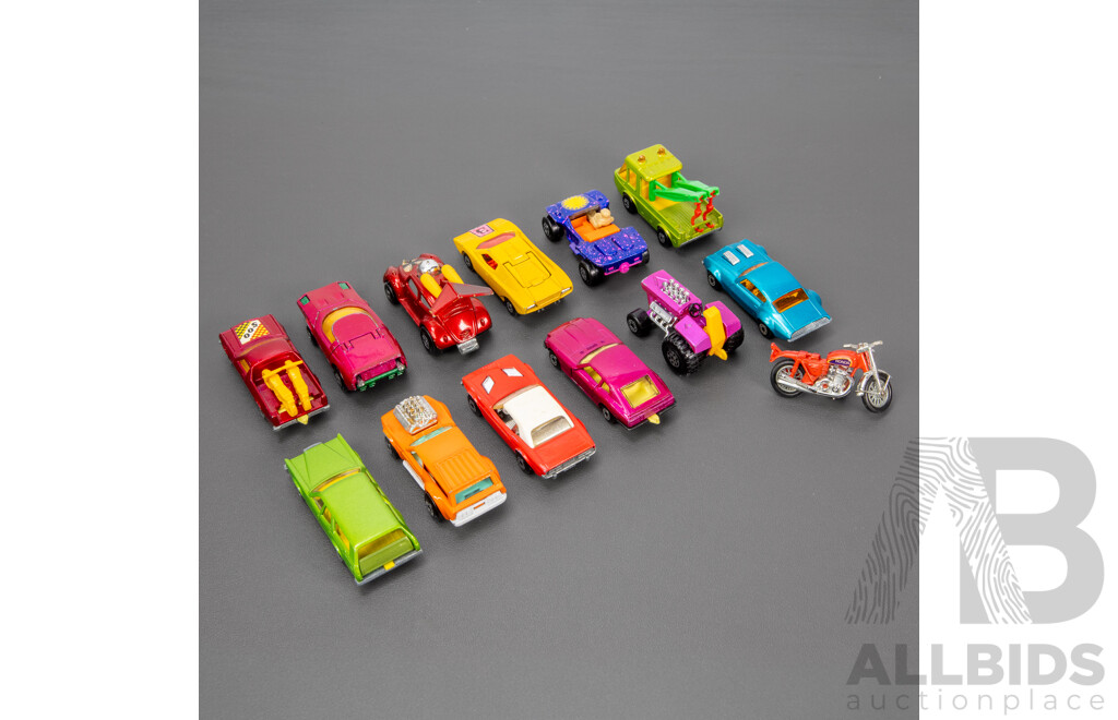 Thirteen Vintage Matchbox Vehicles Including Holden HJ Utillity, Flying Bug, Beach Hopper, Toe Joe, Rod Tractor, Vantastic, Clipper, Dodge Challenger, Pontiac Firebird, Cougar Villager, Lamborghini Countach, Datsun 260Z, Honda CB Four