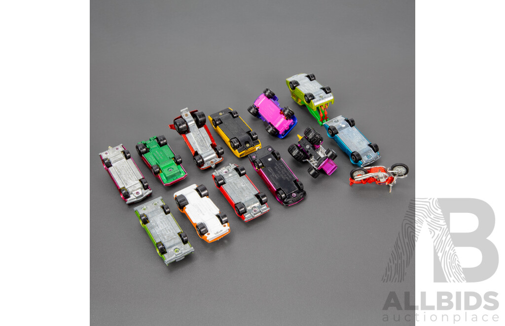 Thirteen Vintage Matchbox Vehicles Including Holden HJ Utillity, Flying Bug, Beach Hopper, Toe Joe, Rod Tractor, Vantastic, Clipper, Dodge Challenger, Pontiac Firebird, Cougar Villager, Lamborghini Countach, Datsun 260Z, Honda CB Four