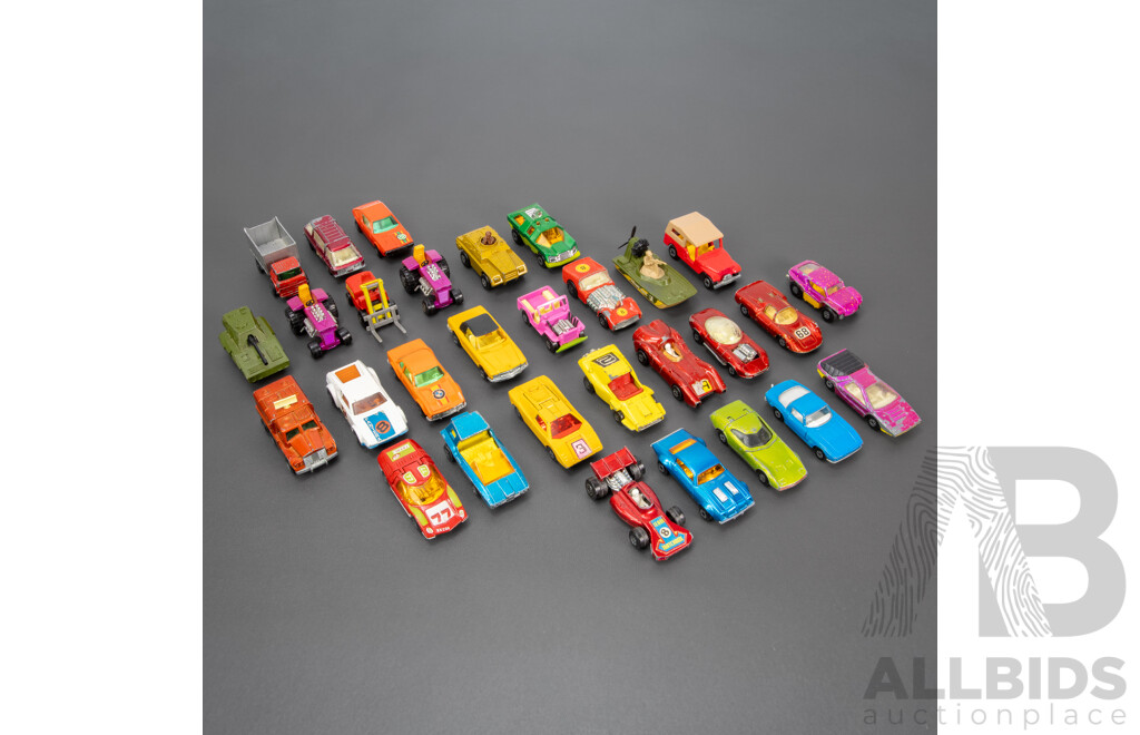 Thirty Vintage Matchbox Vehicles Including Mazda RX 500, Freeman Inter City Commuter, Rod Tractor, Pontiac Firebird, Team Matchbox F1, Peanut Scout Road Dragster and More