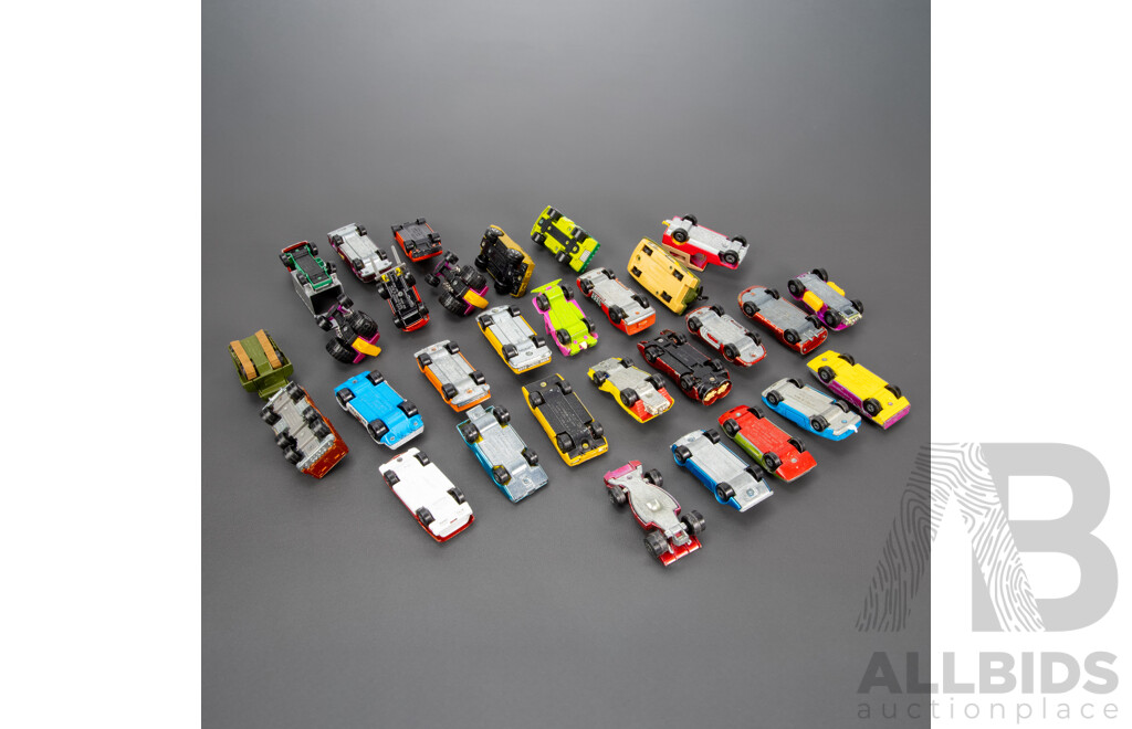 Thirty Vintage Matchbox Vehicles Including Mazda RX 500, Freeman Inter City Commuter, Rod Tractor, Pontiac Firebird, Team Matchbox F1, Peanut Scout Road Dragster and More