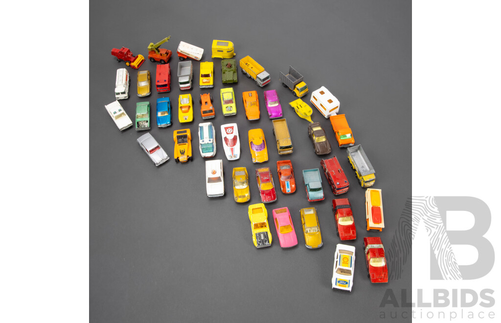 Collection of Vintage Matchbox Vehicles Including Silva Spyder, Mercury Cougar, Mazda RX 500, Wild Life Truck, Fandango, Ford Zodiac, Car Transporter and More