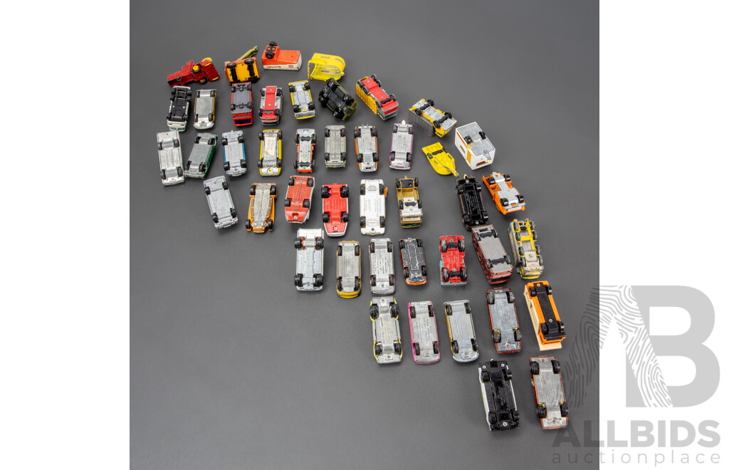 Collection of Vintage Matchbox Vehicles Including Silva Spyder, Mercury Cougar, Mazda RX 500, Wild Life Truck, Fandango, Ford Zodiac, Car Transporter and More