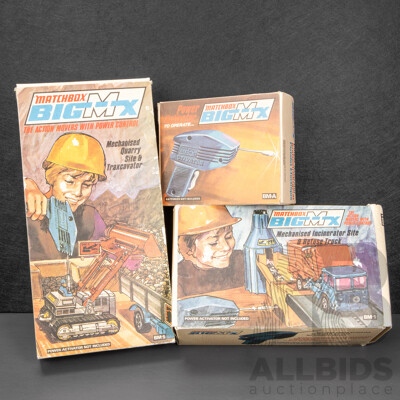 Vintage Matchbox Big Mx Quarry Site and Traxcavator, Incinerator Site and Refuse Truck, Power Activator - All with Original Boxes