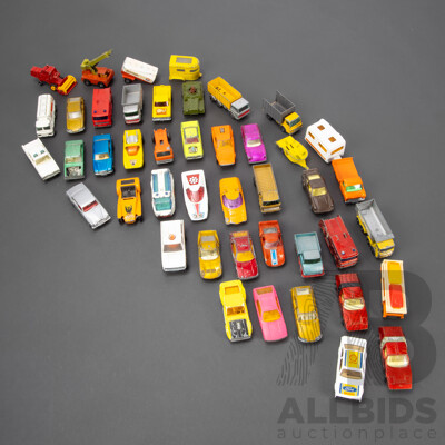 Collection of Vintage Matchbox Vehicles Including Silva Spyder, Mercury Cougar, Mazda RX 500, Wild Life Truck, Fandango, Ford Zodiac, Car Transporter and More