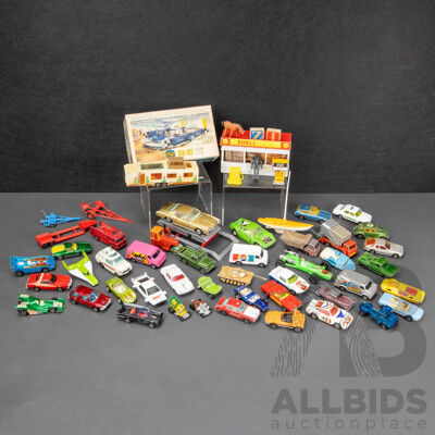Vintage Diecast Fun Ho Jaguar and Ford Tipper Truck, Dyna Wheels D10 Fortuna, Shell Shop and Bowser, Gamda Koor Sabra Buick Riviera, Airfix Hovercraft SR-N1, and Collection of Corgi Junior Vehicles Including Charlie's Angels Van, Volkswagen and More