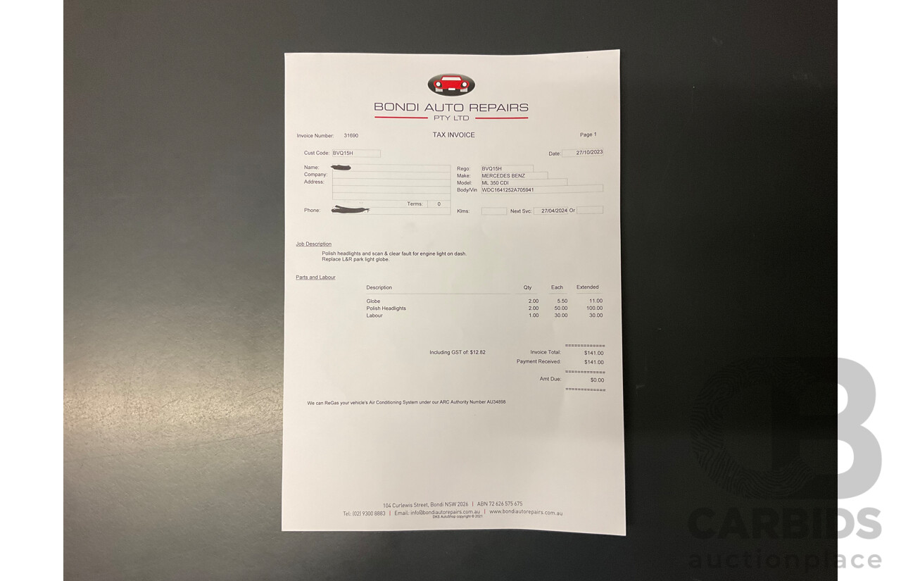 4/2011 Mercedes-Benz ML 350 CDI (4x4) 164 MY11 4d Wagon Black Obsidian Metallic Turbo Diesel V6 3.0L