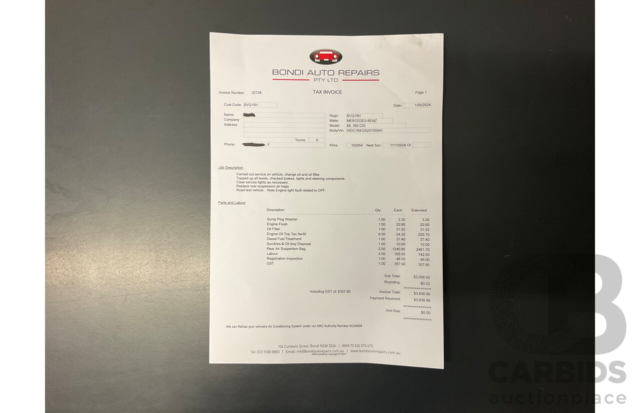 4/2011 Mercedes-Benz ML 350 CDI (4x4) 164 MY11 4d Wagon Black Obsidian Metallic Turbo Diesel V6 3.0L