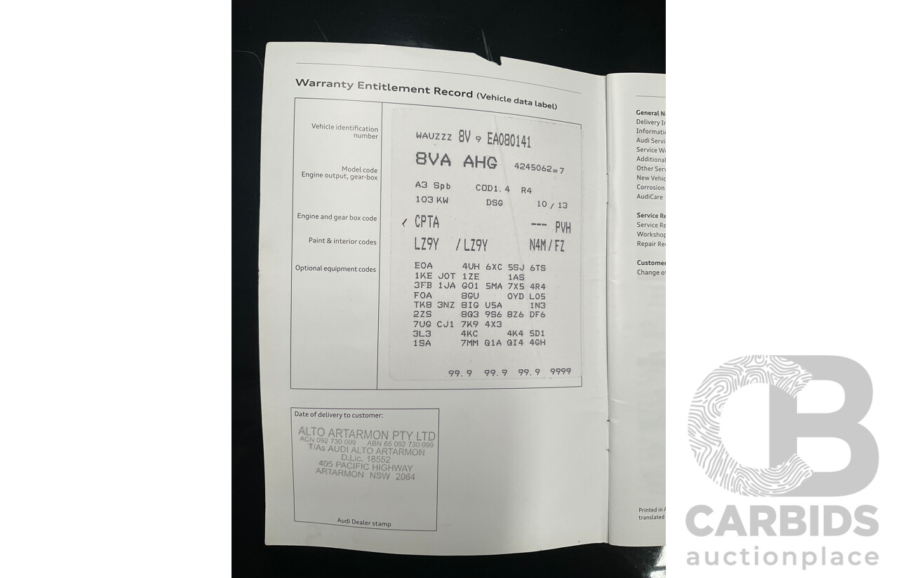 1/2014 Audi A3 Sportback 1.4 TFSI Attraction COD 8V 5d Hatchback Phantom Black Pearl Turbo 1.4L