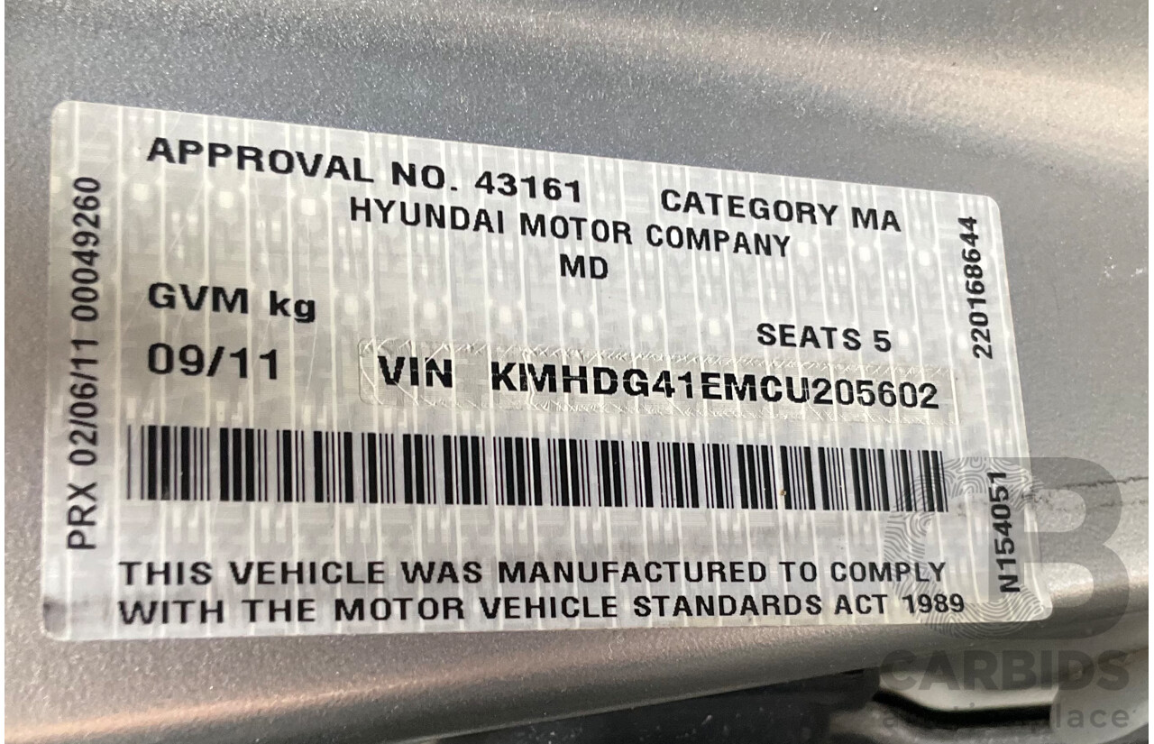 9/2011 Hyundai Elantra Active MD 4d Sedan Shimmering Silver Metallic 1.8L