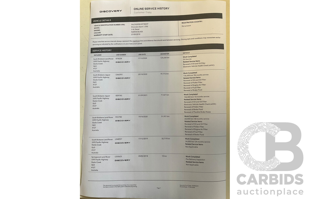01/2018 Land Rover Discovery Sport TD4 SE (110kW AWD) L550 MY18 4d Wagon Narvik Black Turbo Diesel 2.0L - 7 Seater
