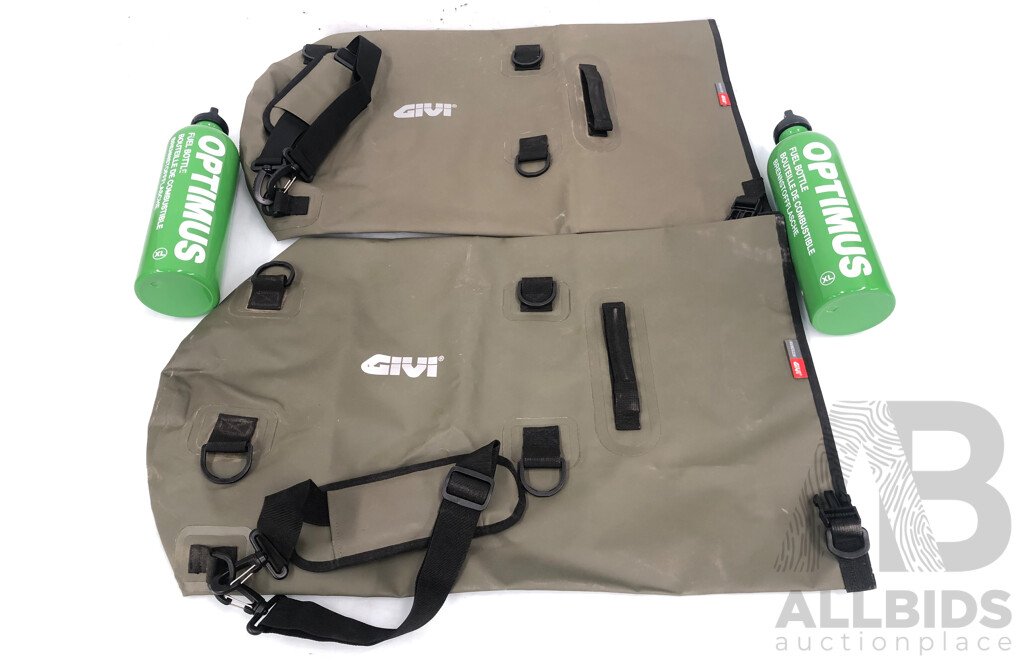Two Givi Waterproof Bags and Two Optimus XL Fuel Bottles