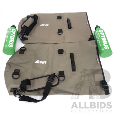 Two Givi Waterproof Bags and Two Optimus XL Fuel Bottles