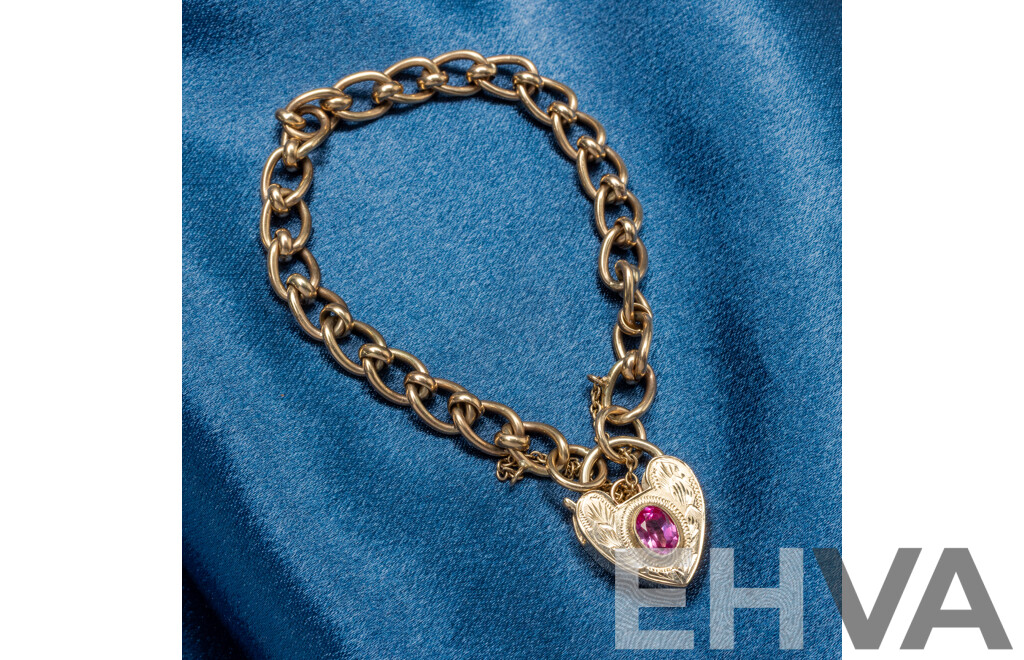 9ct Yellow Gold Curb Link Bracelet with Heart Locket - 22.77gms