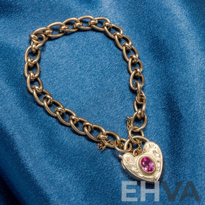 9ct Yellow Gold Curb Link Bracelet with Heart Locket - 22.77gms