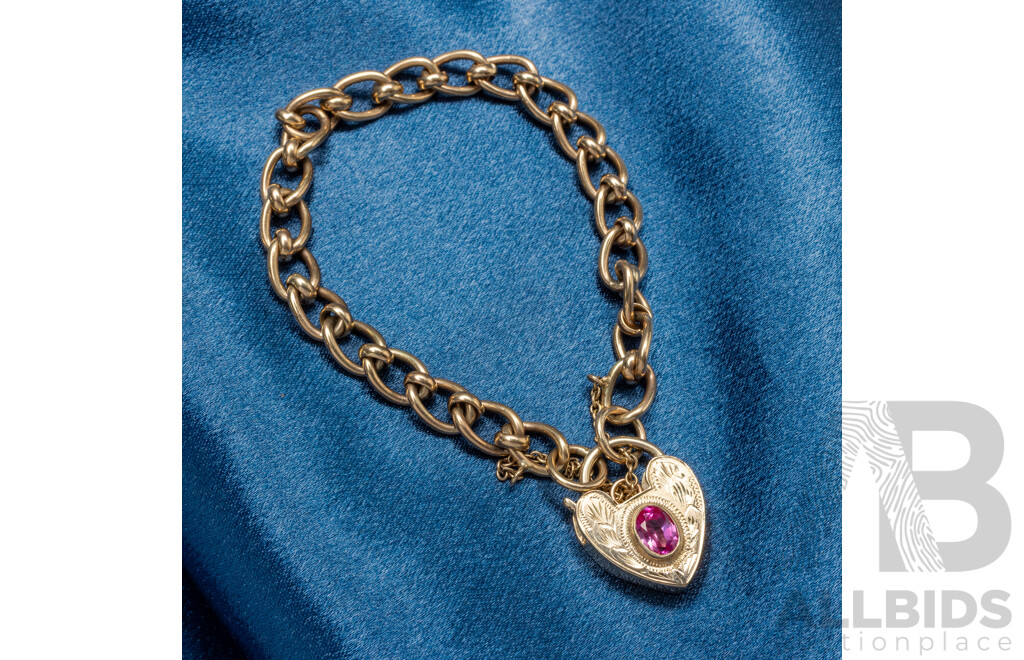 9ct Yellow Gold Curb Link Bracelet with Heart Locket - 22.77gms