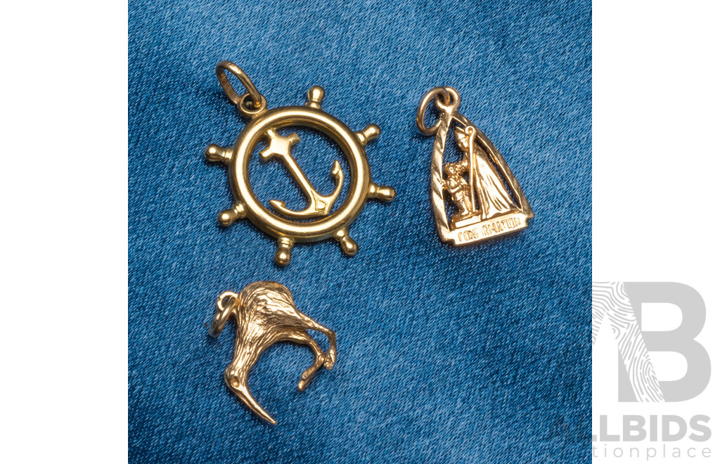 9ct Yellow Gold Charms. Kiwi, Wheel and Anchor, Blessing. Lot of 3 - 5.39gms