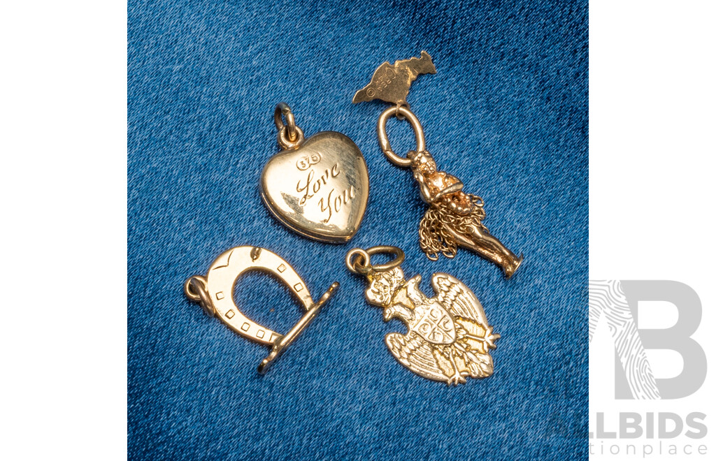 9ct Yellow Gold Charms. Hula Girl, Horseshoe, Double Eagle Crest, Heart Locket. Lot of 4 – 5.11gms