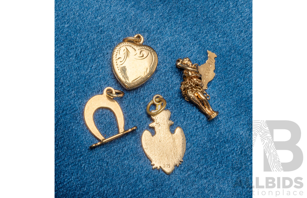 9ct Yellow Gold Charms. Hula Girl, Horseshoe, Double Eagle Crest, Heart Locket. Lot of 4 – 5.11gms