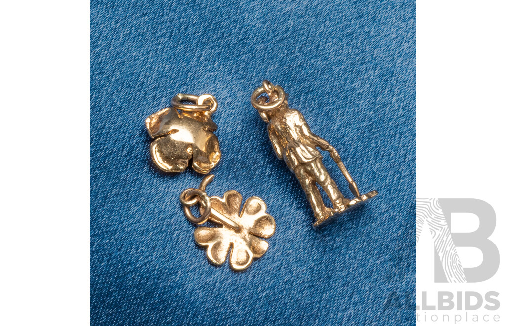 9ct Yellow Gold Charms. Digger, Rose, and 4 Leaf Clover. Lot of 3 – 5.02gms