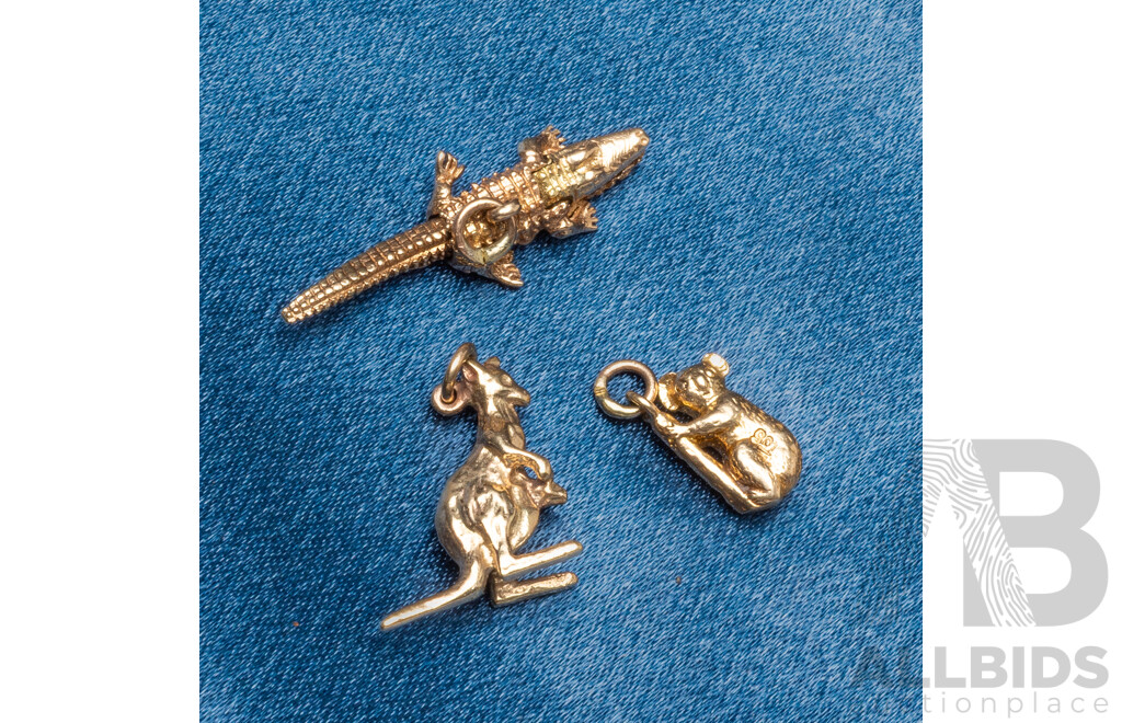 9ct Yellow Gold Charms. Crocodile, Kangaroo and Koala. Lot of 3 – 7.77gms