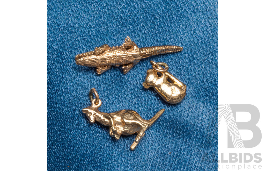 9ct Yellow Gold Charms. Crocodile, Kangaroo and Koala. Lot of 3 – 7.77gms