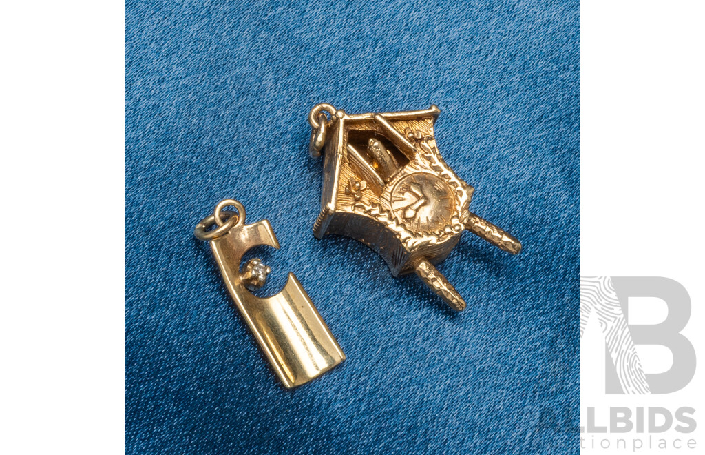 9ct Yellow Gold Charms. Cuckoos Nest, Diamond Shield. Lot of 2 - 5.78gms