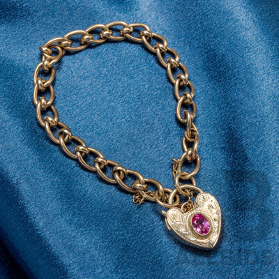 9ct Yellow Gold Curb Link Bracelet with Heart Locket - 22.77gms