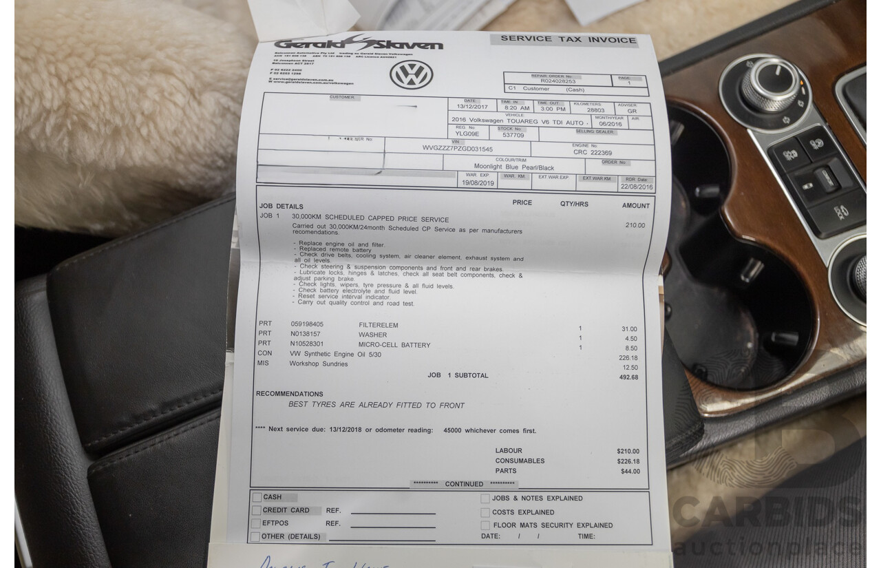 6/2016 Volkswagen Touareg V6 TDI (AWD) 7P MY16 4D Wagon Moonlight Blue Pearlescent Diesel V6 (180kW) 3.0L