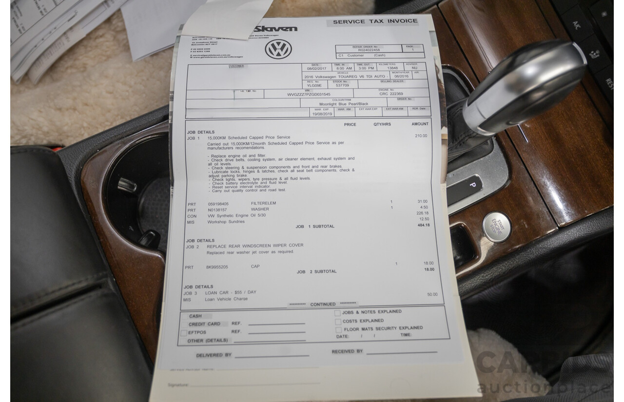 6/2016 Volkswagen Touareg V6 TDI (AWD) 7P MY16 4D Wagon Moonlight Blue Pearlescent Diesel V6 (180kW) 3.0L