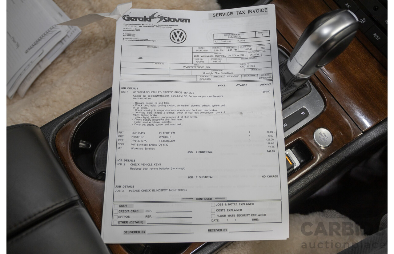 6/2016 Volkswagen Touareg V6 TDI (AWD) 7P MY16 4D Wagon Moonlight Blue Pearlescent Diesel V6 (180kW) 3.0L