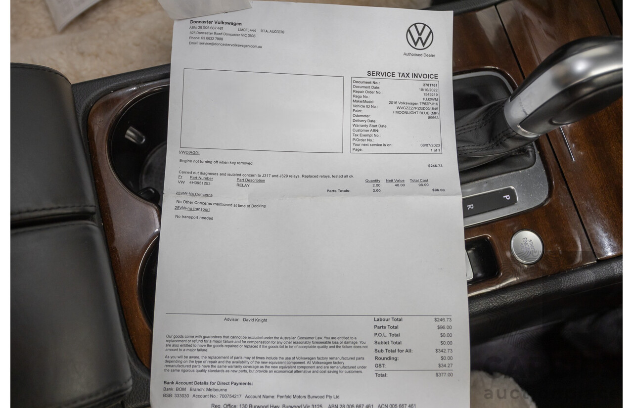 6/2016 Volkswagen Touareg V6 TDI (AWD) 7P MY16 4D Wagon Moonlight Blue Pearlescent Diesel V6 (180kW) 3.0L