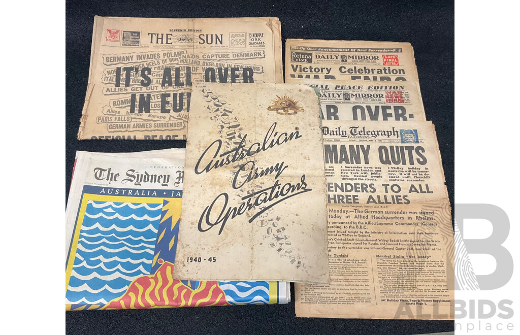 1945 Daily Mirror, Daily Telegraph, the Sun Newspapers, and 1940-45 Australian Army Operations Booklet and the Sunday Morning Herald 1/1/2021 Newspapers