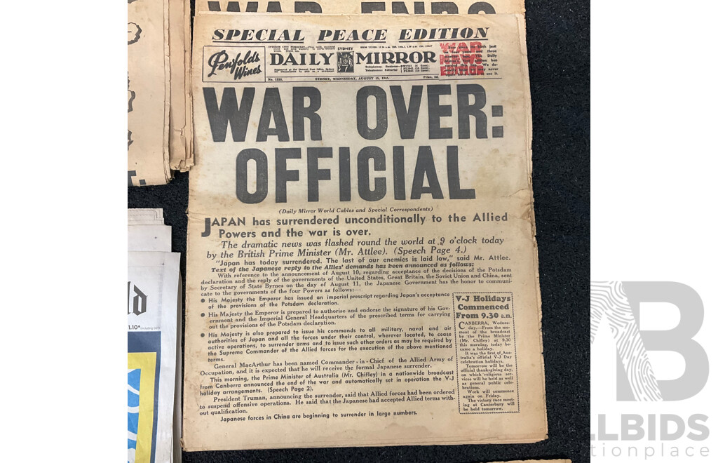 1945 Daily Mirror, Daily Telegraph, the Sun Newspapers, and 1940-45 Australian Army Operations Booklet and the Sunday Morning Herald 1/1/2021 Newspapers