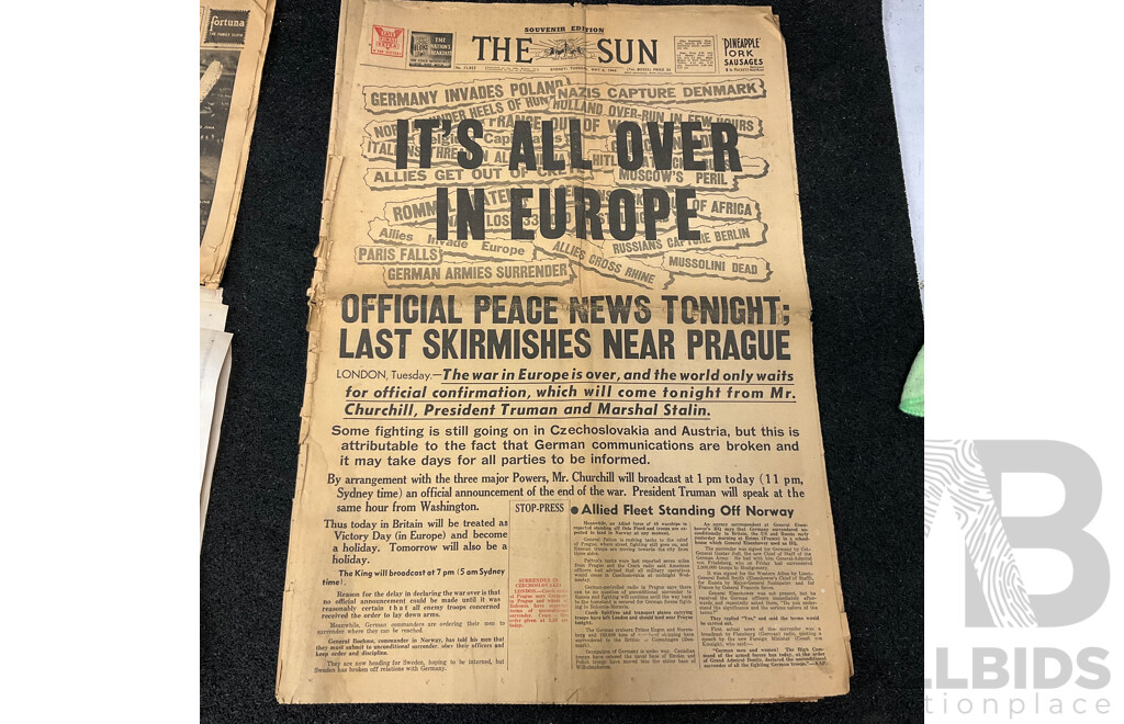1945 Daily Mirror, Daily Telegraph, the Sun Newspapers, and 1940-45 Australian Army Operations Booklet and the Sunday Morning Herald 1/1/2021 Newspapers