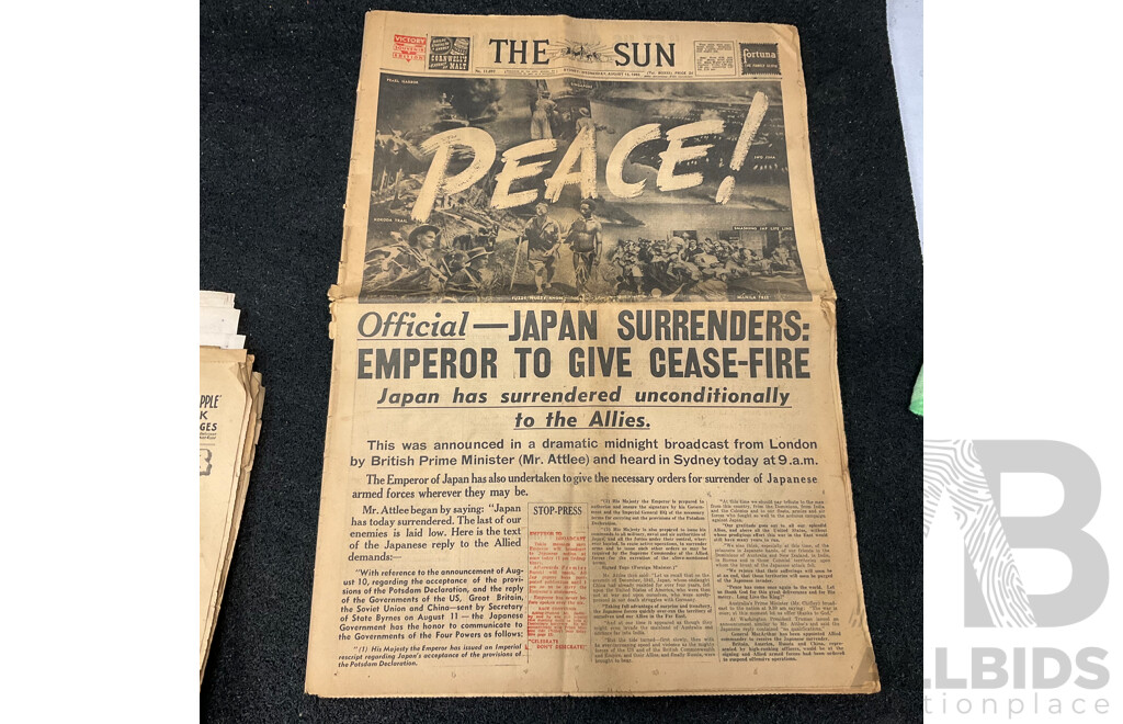 1945 Daily Mirror, Daily Telegraph, the Sun Newspapers, and 1940-45 Australian Army Operations Booklet and the Sunday Morning Herald 1/1/2021 Newspapers