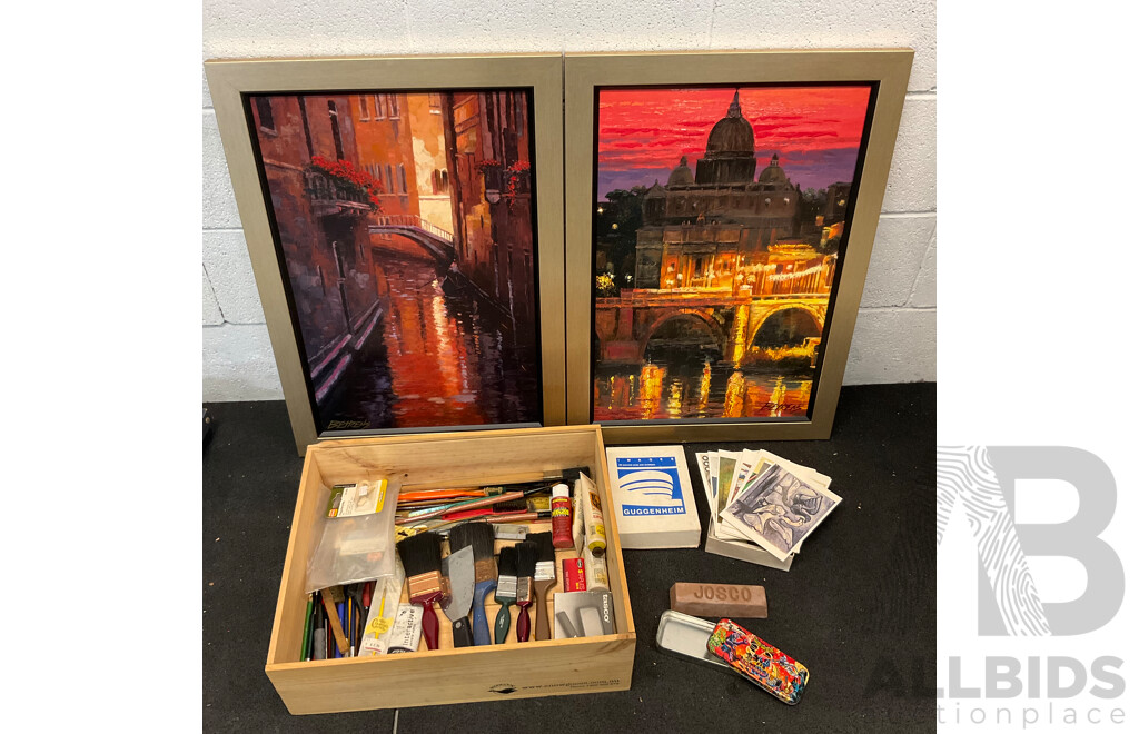 Two BETRENS Framed City View Paintings on Canvas & Guggenheim Postcards with Assorted Painting Tools