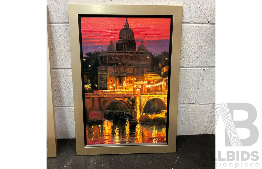 Two BETRENS Framed City View Paintings on Canvas & Guggenheim Postcards with Assorted Painting Tools