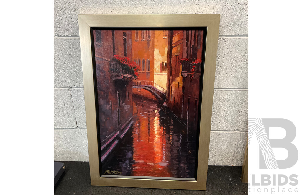 Two BETRENS Framed City View Paintings on Canvas & Guggenheim Postcards with Assorted Painting Tools