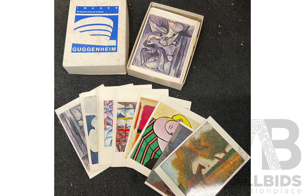 Two BETRENS Framed City View Paintings on Canvas & Guggenheim Postcards with Assorted Painting Tools