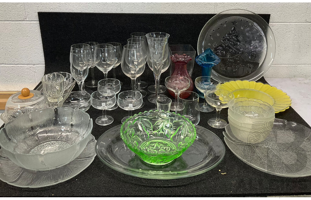 Assorted Glassware - Plates, Various Wine Glasses, Bowls, and More