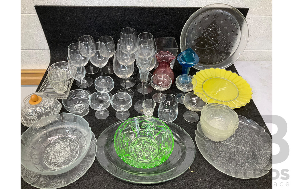 Assorted Glassware - Plates, Various Wine Glasses, Bowls, and More