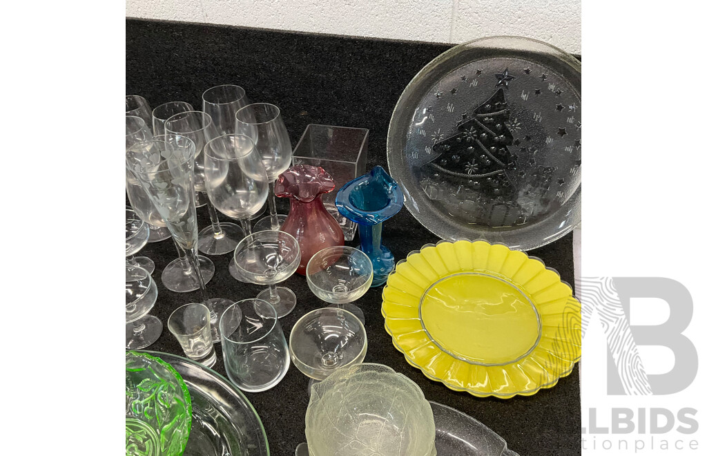 Assorted Glassware - Plates, Various Wine Glasses, Bowls, and More