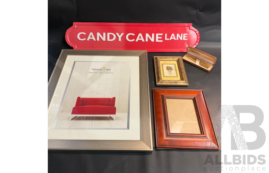 Set of Parker Arrow Ballpoint Pens/Pencils & Assorted Photo Frames and Candy Cane Lane Sign