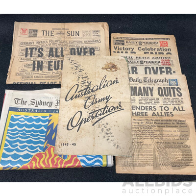 1945 Daily Mirror, Daily Telegraph, the Sun Newspapers, and 1940-45 Australian Army Operations Booklet and the Sunday Morning Herald 1/1/2021 Newspapers