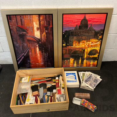Two BETRENS Framed City View Paintings on Canvas & Guggenheim Postcards with Assorted Painting Tools