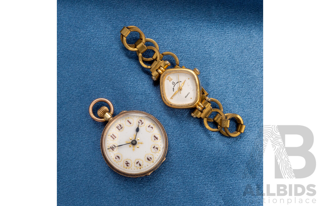 Vintage 9ct Rose Gold Open Face Pocket Watch and Ladies' Vintage Anglo-Swiss Watch - Not Working
