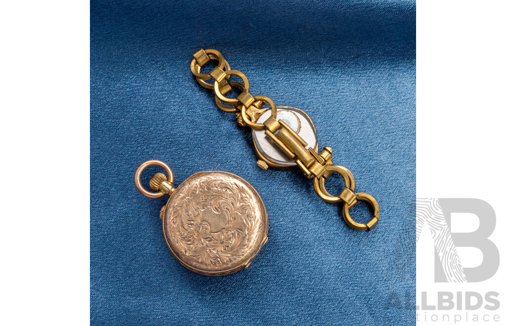 Vintage 9ct Rose Gold Open Face Pocket Watch and Ladies' Vintage Anglo-Swiss Watch - Not Working