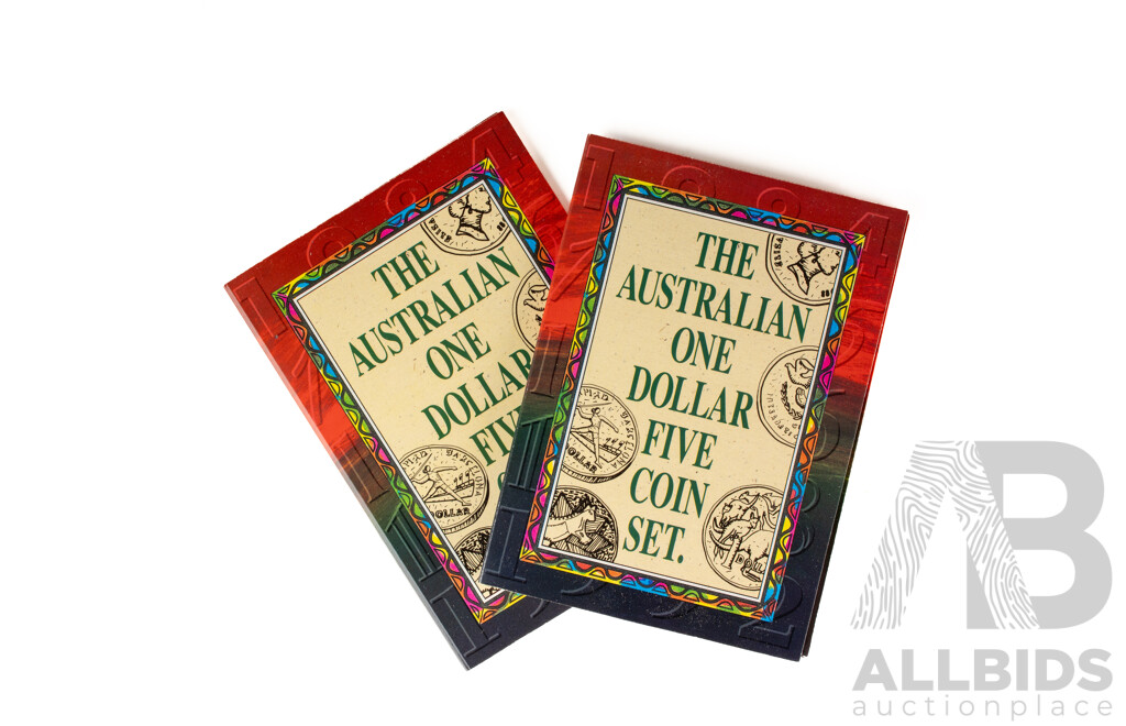 Two Australian One Dollar UNC Coin Sets Including 1984 First Year Issue, 1985, 1986 Year of Peace, 1988 Aboriginal Kangaroo, 1992 Barcelona Olympics