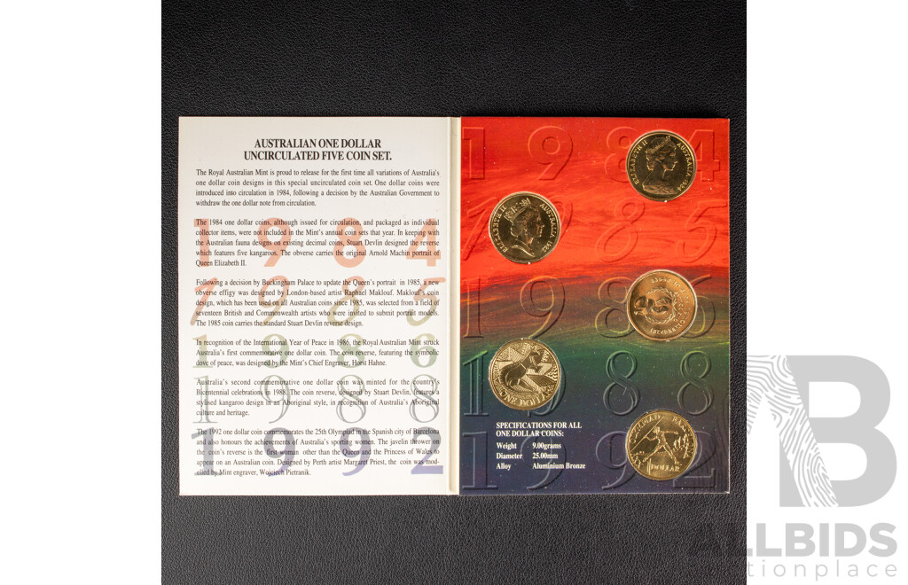 Two Australian One Dollar UNC Coin Sets Including 1984 First Year Issue, 1985, 1986 Year of Peace, 1988 Aboriginal Kangaroo, 1992 Barcelona Olympics