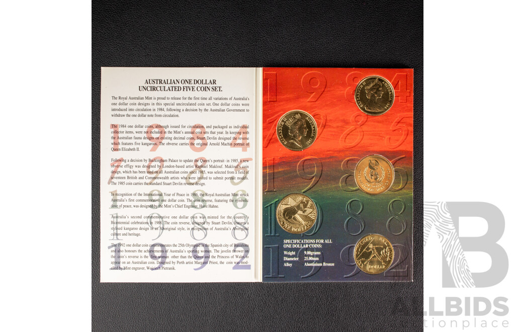 Two Australian One Dollar UNC Coin Sets Including 1984 First Year Issue, 1985, 1986 Year of Peace, 1988 Aboriginal Kangaroo, 1992 Barcelona Olympics
